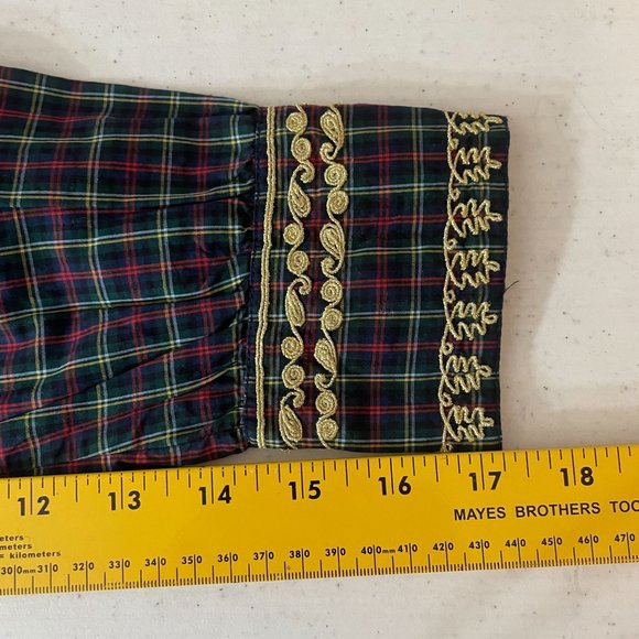 J. Crew Plaid Peasant Blouse Gold Braid Yoke Holiday Embroidered Top XS - Picture 10 of 11